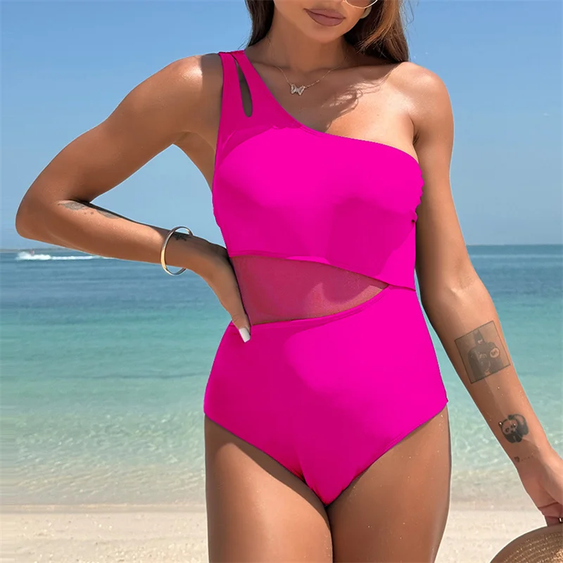 New Women's One Piece Swimsuits Tummy Control Swimming Costume Ruched Female One Shoulder Strap Cutout Adjustable Mesh Swimwear