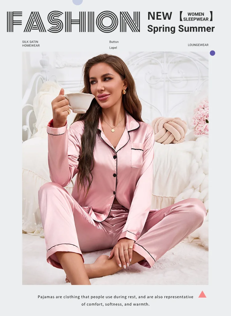 Damen-Pyjama-Set, Nachtwäsche, Anzug, Loungewear, Pyjama-Set, Satin, langärmelig, Oberteile mit Hosen, 2-teilig, Pyjama, Pyjama für Damen – Detail 1