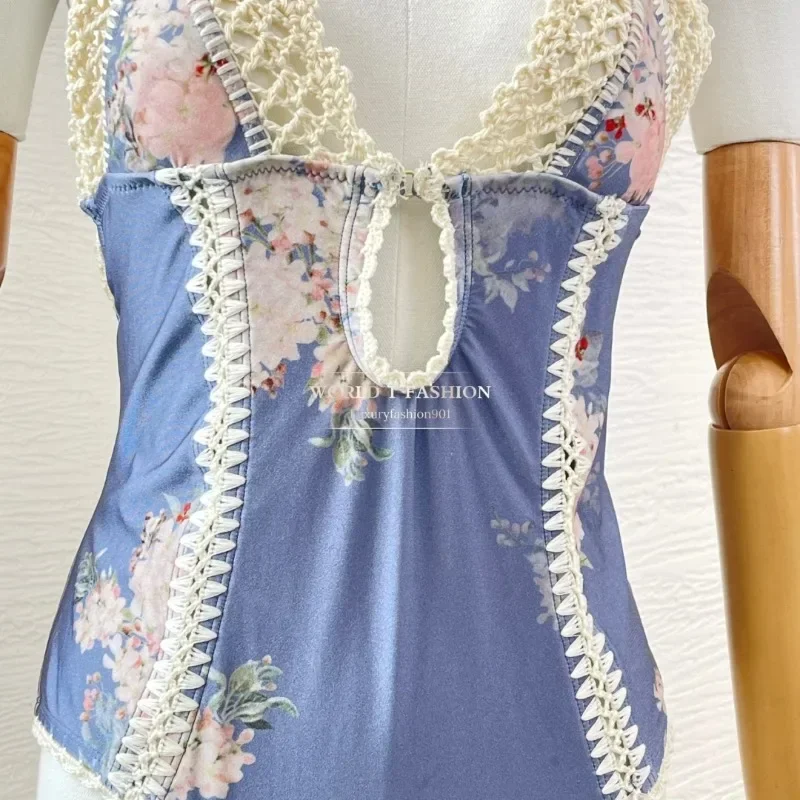 

2025 New High Quality Blue Floral Print Hollow Knit Lace Swimwear