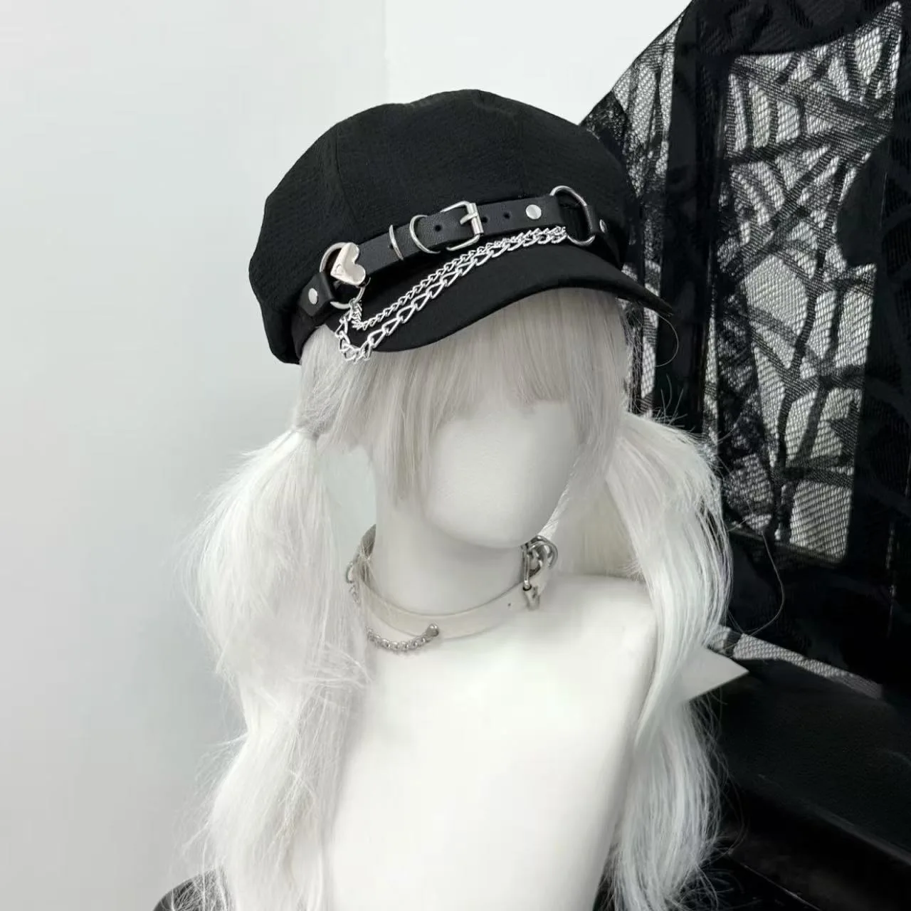 Femmes Harajuku gothique Lolita doux Cool ceinture boucle coeur béret chapeau casquette Y2K fille garçon Steampunk Punk chaîne fait à la main chapeaux de soleil