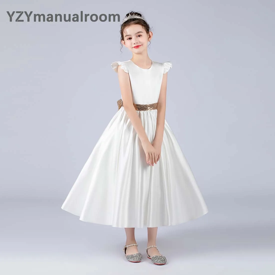 Flower Girl Dresses Elegant Satin Big Bow Tea-Length Concert Junior Pageant Birthday Party Princess Ball Gowns Banquet Dresses