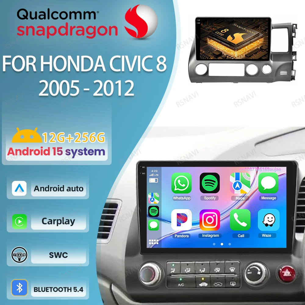

Автомобильное радио Android 15 для Honda Civic 8 2005-2012 5G WIFI авторадио мультимедийная GPS-навигация беспроводной Carplay Auto Qualcomm BT