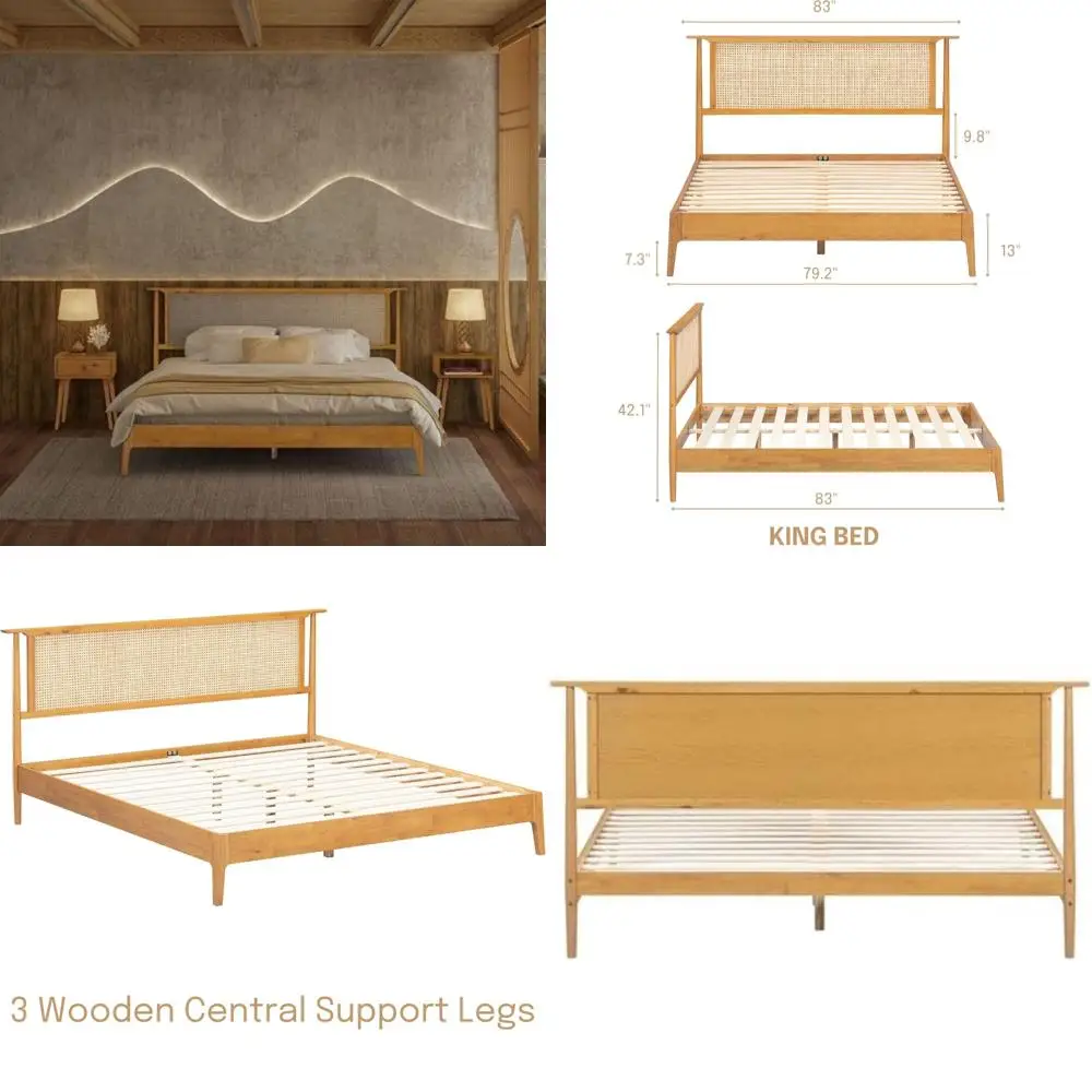 

Natural Rattan and Solid Oak Ruby Wooden Bed Frame with Headboard and Silent Slat Foundation, Supporting Up to 1000 Lbs