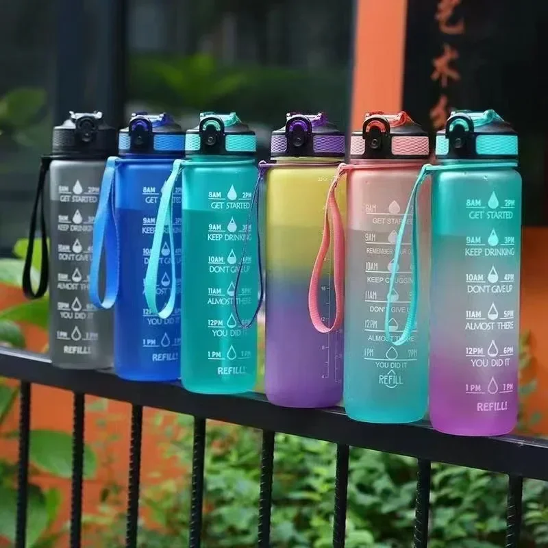 1 Liter Water Bottle with Straw Plastic Frosted Cup with Time Marker for Girls Kawaii Portable Travel Outdoor Sport Fitness Cups