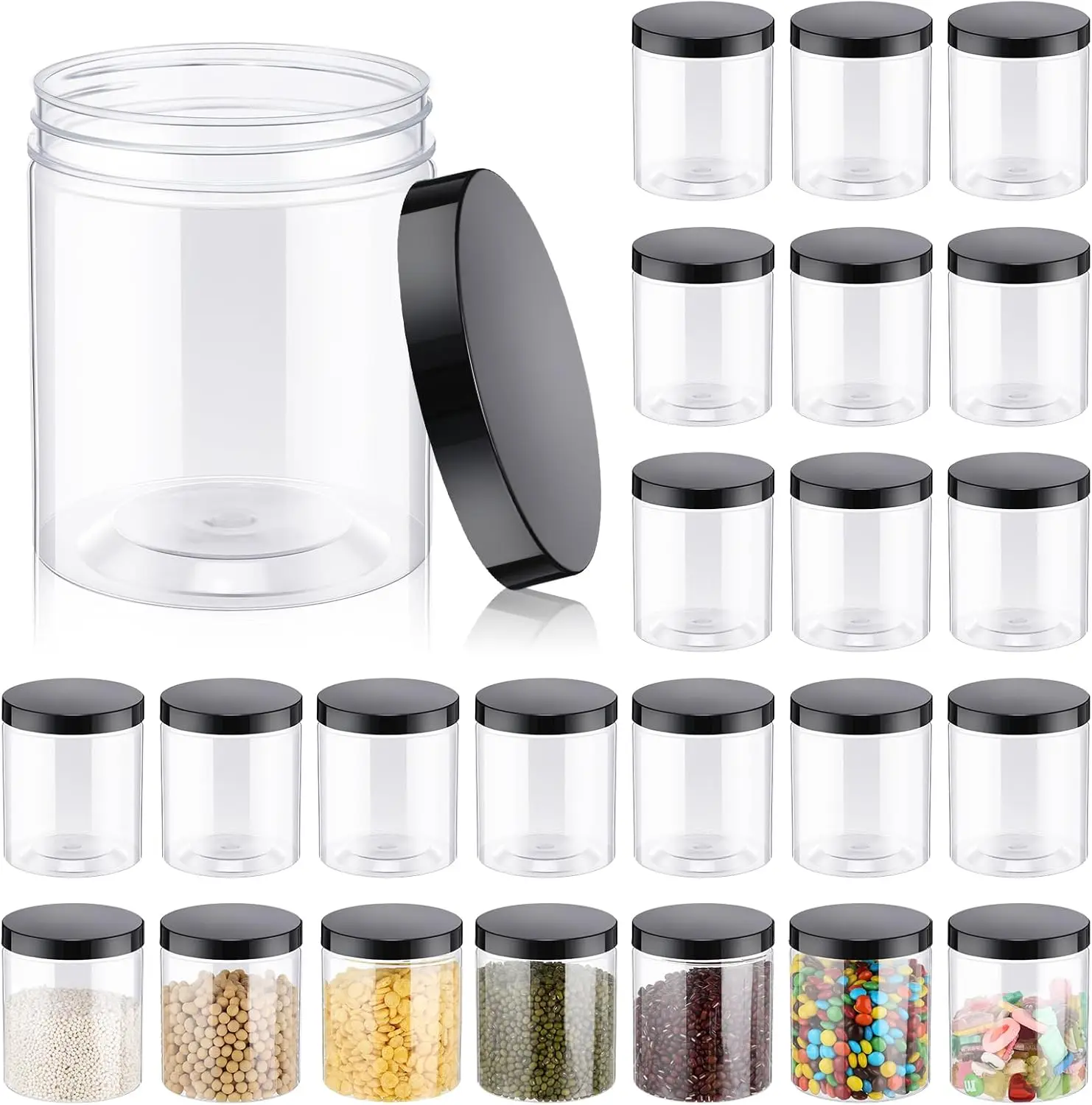 24 Pcs 16oz Plastic Jars with Lids, Clear Wide Mouth Airtight    Jars Food Storage Containers for Cake, Dried Fruit, Honey, N