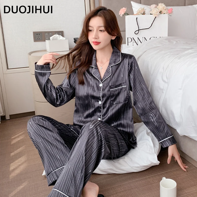 DUOJIHUI Fashion 3XL-8XL Casual Pajamas for Women Autumn Printed Single Breasted Cardigan Loose Pant Simple Female Sleepwear Set