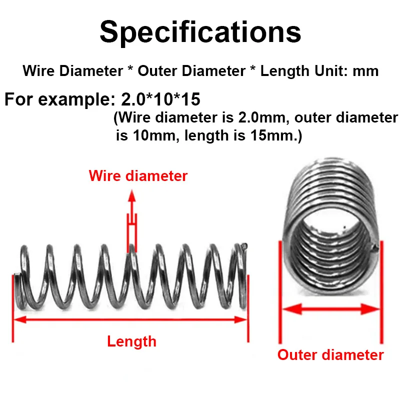 1 шт. Y-образные пружинные стальные длинные пружины сжатия, диаметр проволоки 1,0/1,2/1,5/2 мм, наружный диаметр 5-25 мм, длина 300 мм, пружины давления