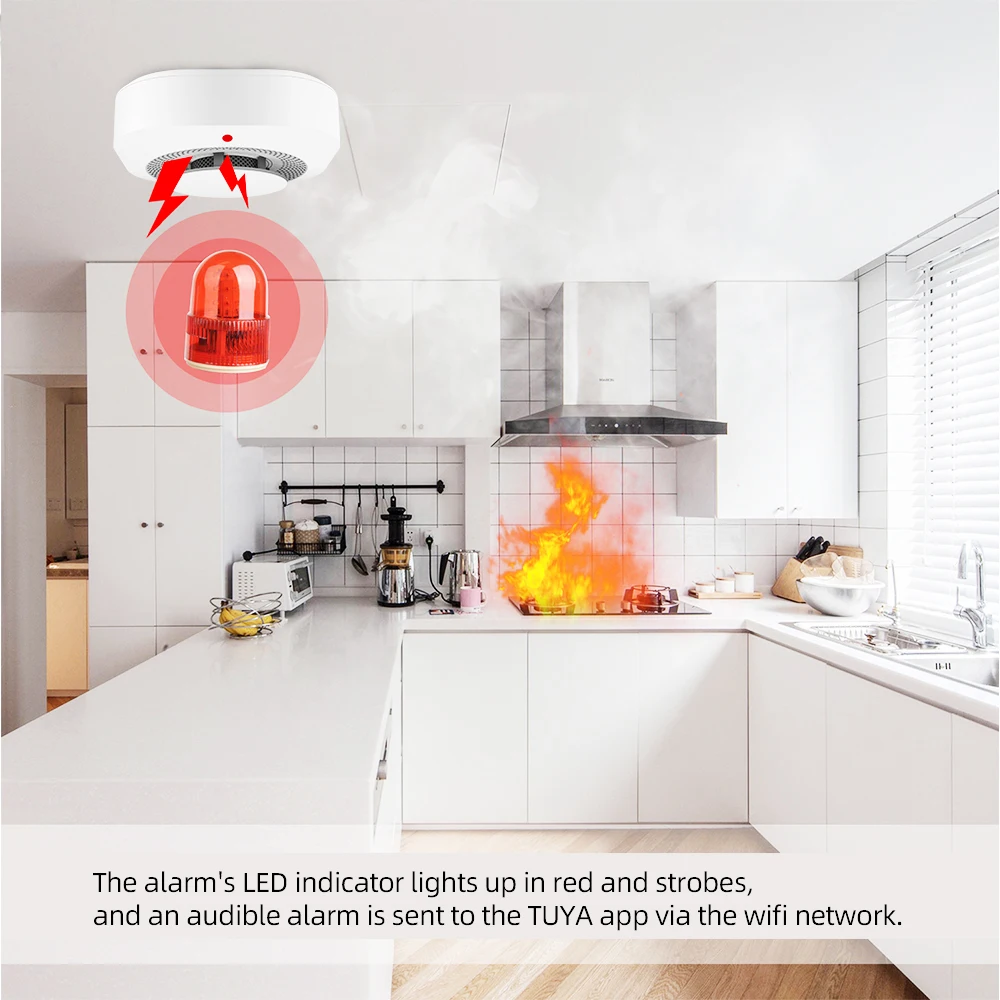 Tuya-Sensor Detector de humo Wifi, alarma de incendio, Monitor de Sensor de humo, alerta de sonido, trabajo de seguridad inteligente para el hogar con aplicación Smart Life