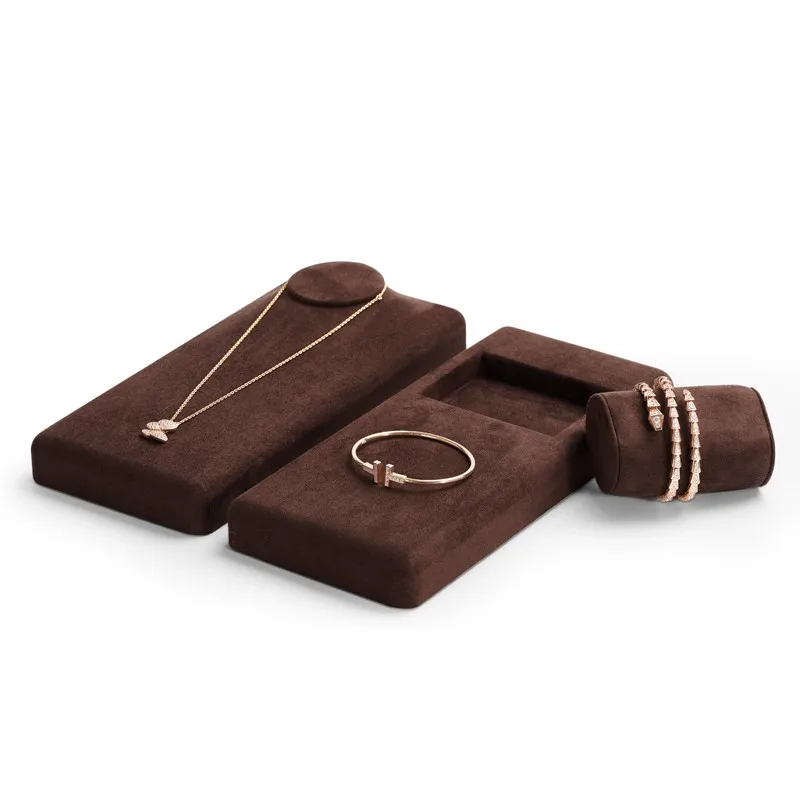 Oirlv Coffee Velvet Jewelry Display Set for Earring Ring Necklace Bangle Shop Trays Counter Jewelry Display Props