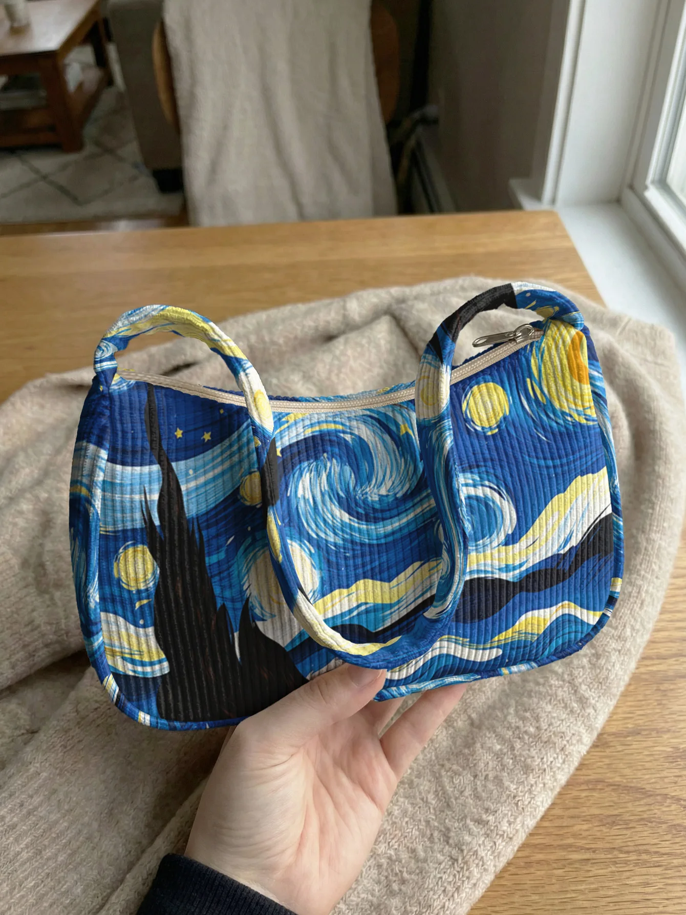 Trendy Starry Night Print Shoulder Bag, Corduroy Underarm Bag for Daily Casual Use