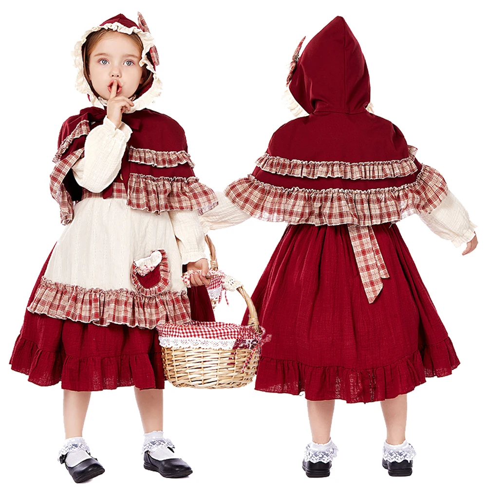 

Kids Child Vintage Victorian Prairie Girl Costume Pastoral Farm Dress Halloween Stage Fantasia Cosplay Red Gingham Trim