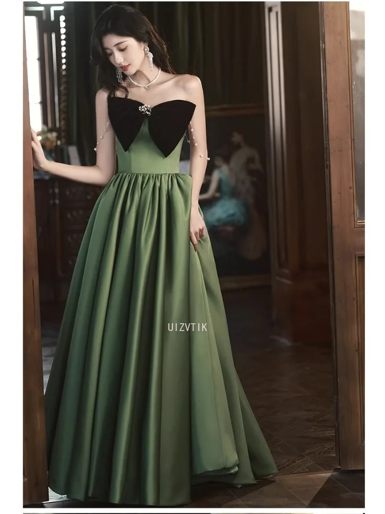 Einfache grüne lange Abendkleider für Damen, trägerlos, Satin, große Schleife, knöchellang, Ballkleider, luxuriöses formelles Party-Anlasskleid