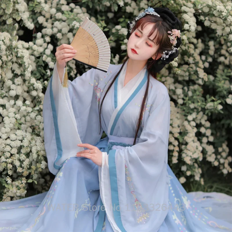 In Stock Hanfu Women's Chinese Traditional Embroidery Stage Dance Dresses Female Fairy Cosplay Costumes Woman Han Fu Blue Green