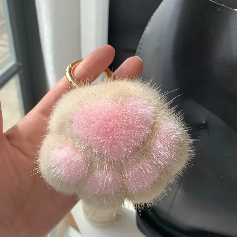 Pendant Keyrings Gift Plush Cute Cat Claw Real Mink Fur Keychain Women Bag Ornaments Small Paw Toy Soft Pom Pom Ball Car Key