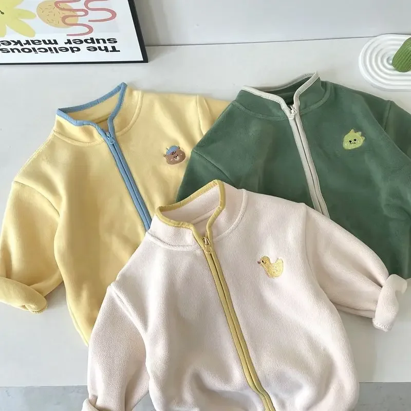 

2025 Spring Autumn Infant Baby Boy Outerwear Cotton Loose Cartoon Print Toddler Boys Jacket Soft Contrast Zipper Little Boy Coat