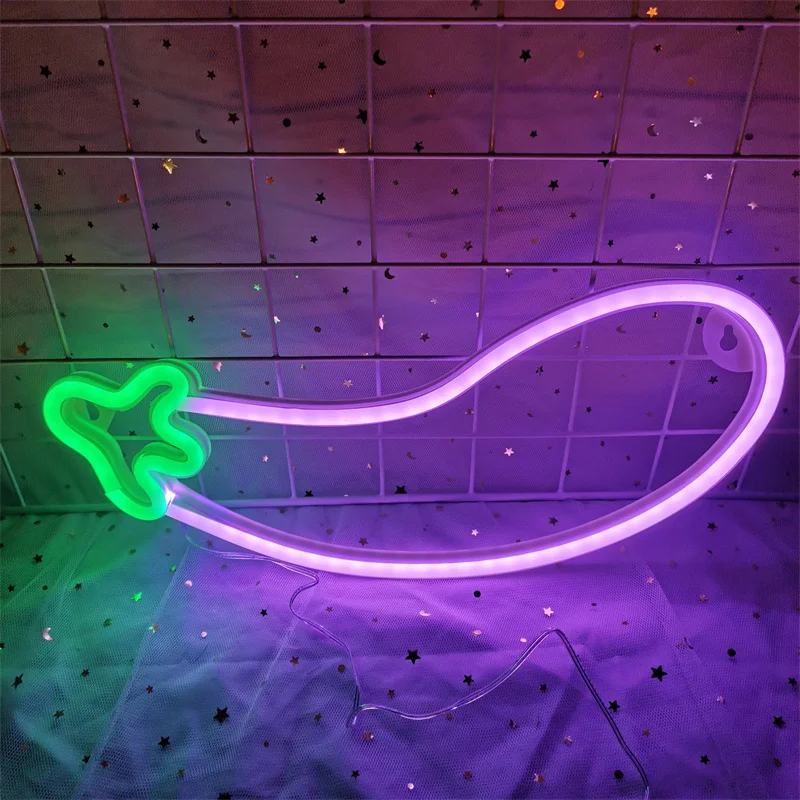 LED Eggplant Neon Sign Light for Bar KTV Snack Shop Decor Juice Letter Apple Fruilt Neon Lamp Christmas Wall Decor Birthday Home