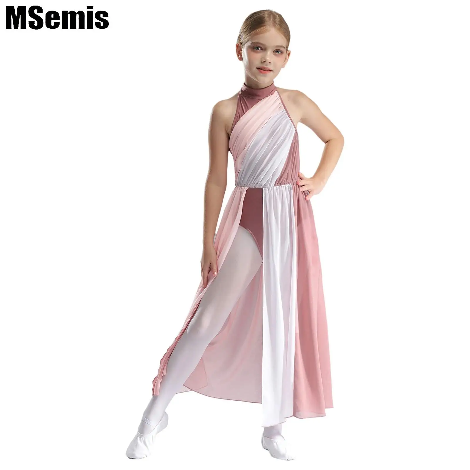 

Kids Girls Modern Lyrical Dance Dress Keyhole Back Split Dress Color Block Mock Neck Sleeveless Dress for Performance