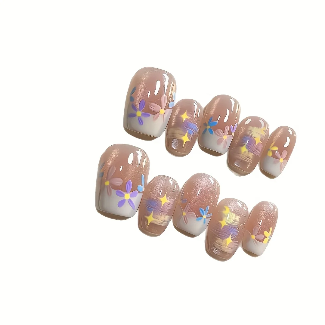 10 قطعة الصحافة اليدوية على الأظافر الربيع والصيف النفط اللوحة الدوبامين كريم الزهور الصغيرة وهمية مسمار للنساء والفتاة للإزالة مسمار