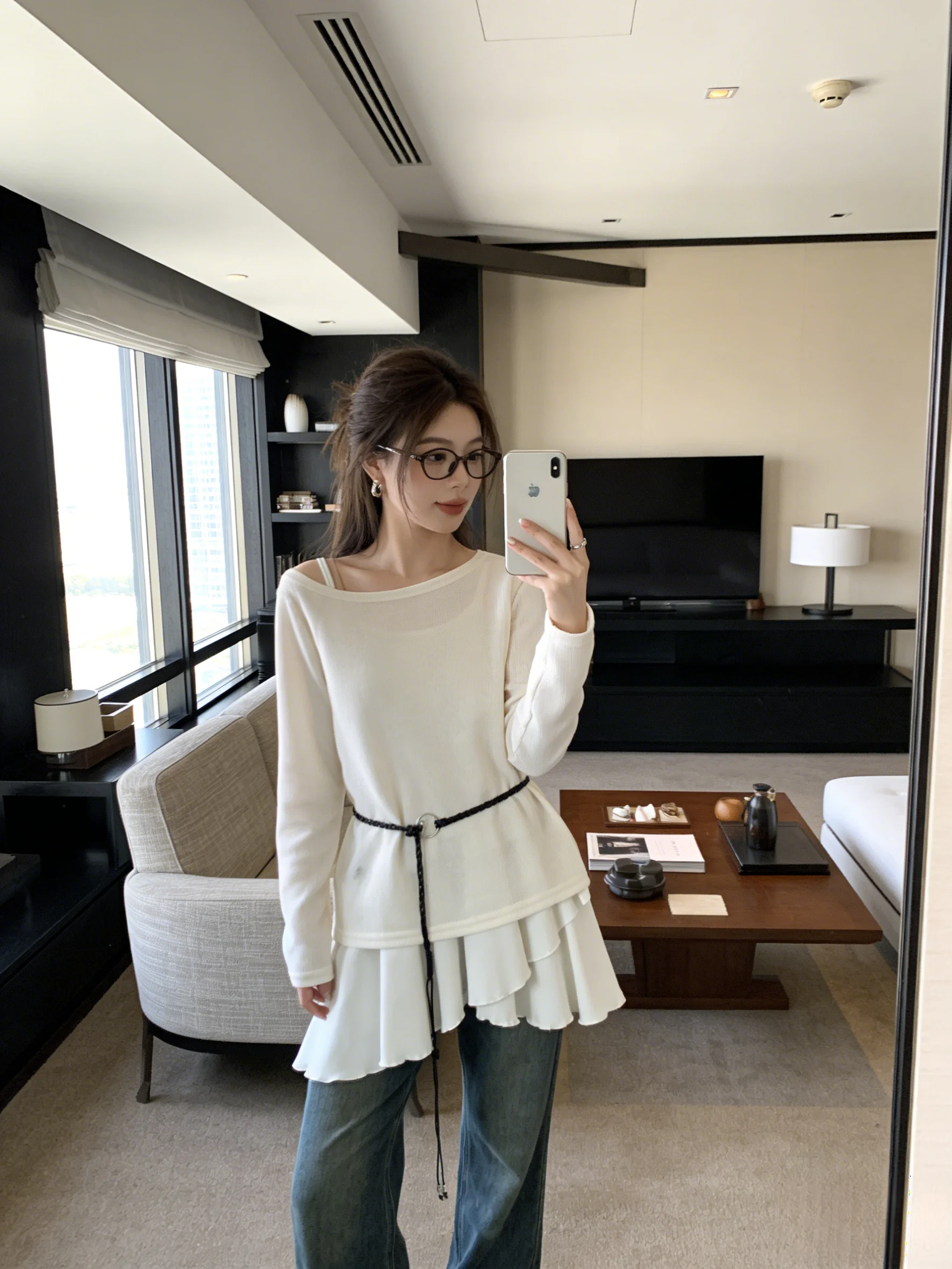 

Skin-Friendly Off-Shoulder T-Shirt Set Women's Slimming Fashion Spring New Style Layered Wear Casual round Neck Long Sleeve