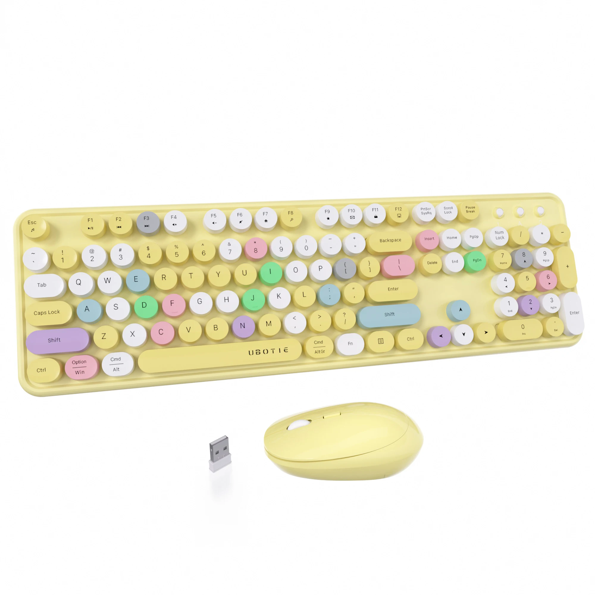 Imagem -05 - Ubotie-combinação de Mouse e Teclado sem Fio Teclado Retrô Redondo Ergonômico com Teclado Numérico Máquina de Escrever para Menina Amarelo