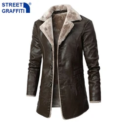 Men Winter Long Thick Fleece PU Leather Jacket Mens Streetwear Casual Business Clothing Porcket Leather Jackets Coat Outwear Men