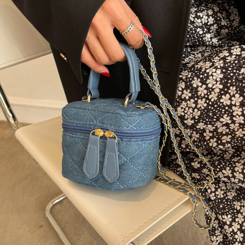 Denim Campus Unisex Light Small-Mini Diamond Check Blue Handbag Shoulder Crossbody Bags Bucket Chain Jean Women Purse