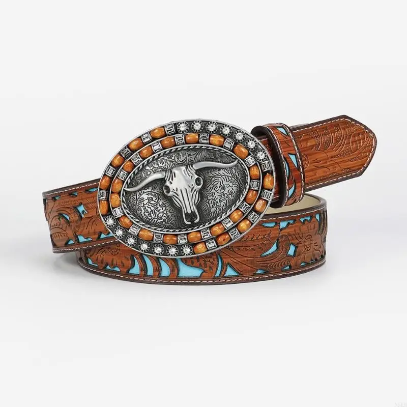 

N5KB Waist Belt Engraved Buckle for Cowboy Cowgirl With Flower Vintage Belt Hot Girl WaistChain Wide Sexy Oversize Buckle