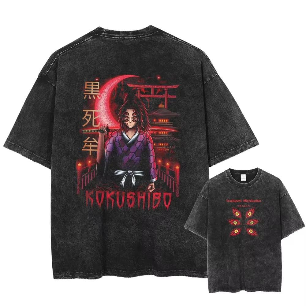 

Summer Trendy Men's T Shirts Anime Demon Slayer Print Vintage Washed Short-sleeved Tee Women's Oversized Street Y2k Clothes Tops
