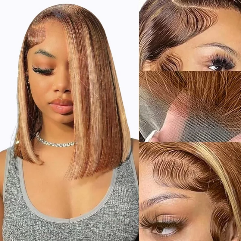 

Lace Front Bob Wigs Human Hair 4/27 Ombre Honey Blonde Straight Lace Frontal Bob Wig Glueless Wigs Pre Plucked Highlight Bob Wig