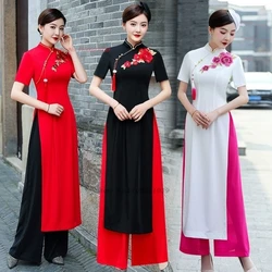 2026 vietnam woman ao dai dress chinese elegant cheongsam dress+pants set vintage flower embroidery banquet evening qipao dress