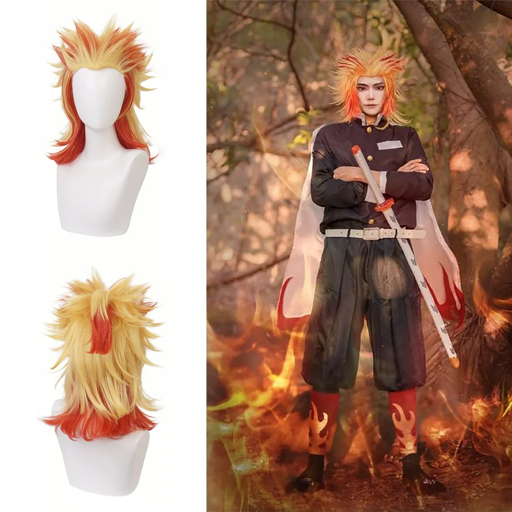 أنيمي رينجوكو كيوجورو شعر مستعار صناعي متدرج باللونين الأصفر والأحمر لكل من الرجال والنساء، شعر مستعار مقاوم للحرارة للحفلات اليومية #1
