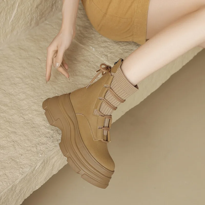 NEW Designer Women High Platform Gothic Leather Punk Shoes Female Ankle Short Combat Boots Wedge Heels Chunky Motorcycle Boot - view 6