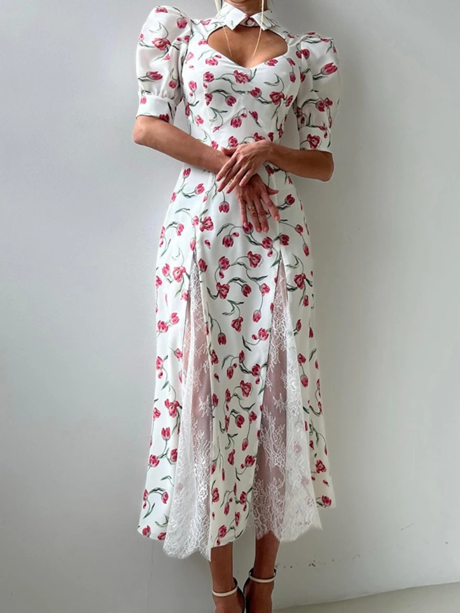 TWOTWINSTYLE 여성용 프렌치 꽃 프린트 드레스 옷깃 퍼프 슬리브 스플 라이스 컷 아웃 기질 하이 웨이스트 레이스 드레스 여성