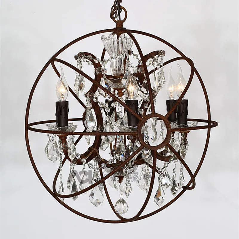 

Medieval Retro Crystal Earth Birdcage Chandelier American Church Industrial Loft Wrought Iron Round Candle Light LED