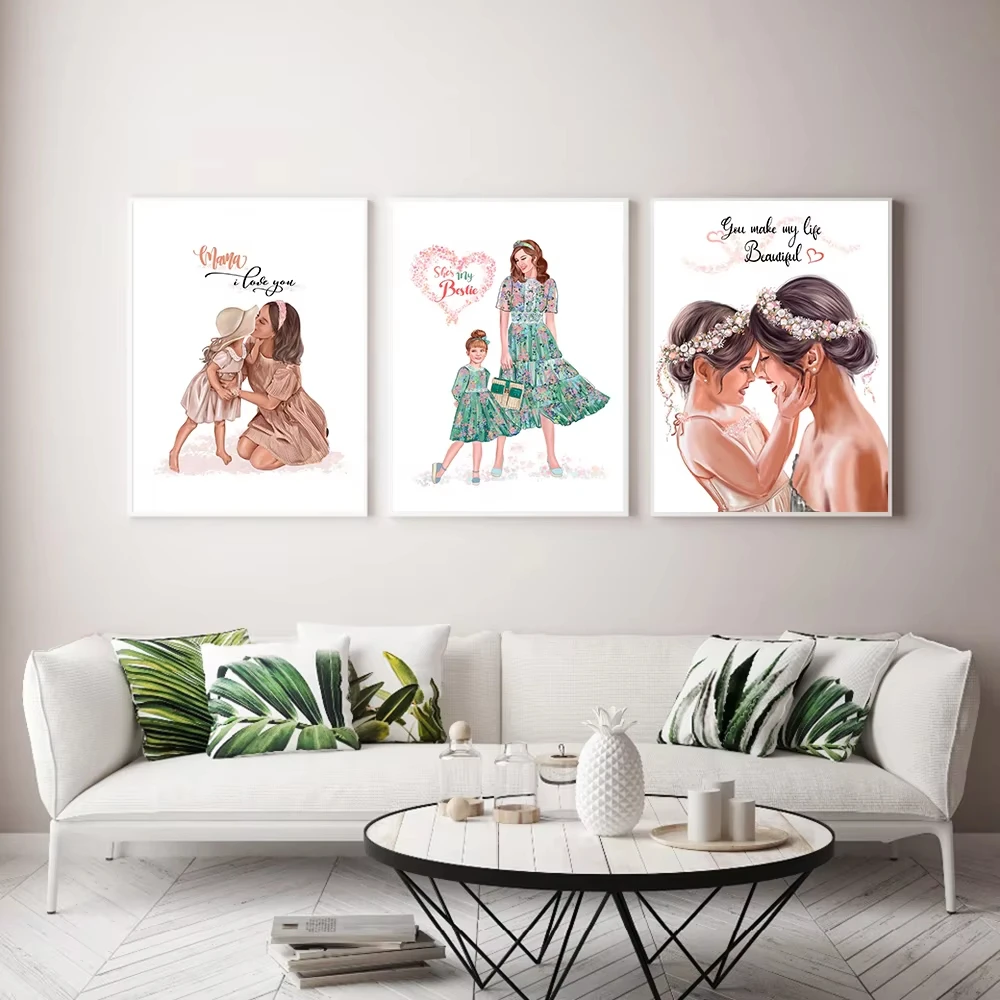 Mom Daughter Wall Art Canvas Painting Posters and Prints Fashion Love You Mother Days Gift Picture for Living Room Home Decor
