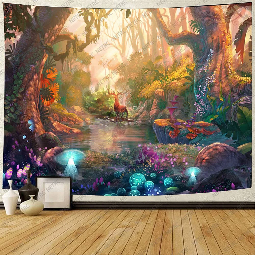 Fairy Tale Forest Tapestry Water Lily Pond Magic Trees Houses Wall Hanging Tapestries for Kids Bedroom Living Room Dorm Decor