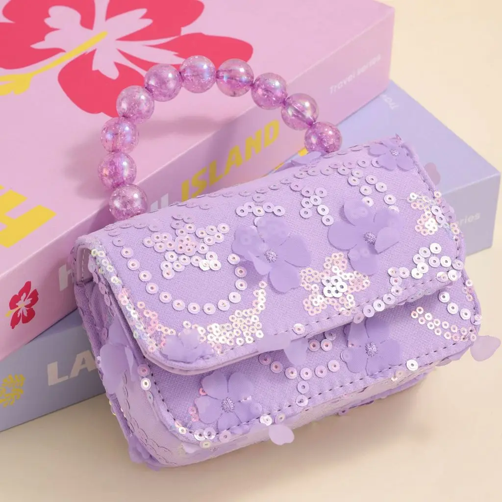Cute Girls Handbag Beaded Handle 3D Flower Sequin Children Mini Bag Birthday Gift 2026 - view 3