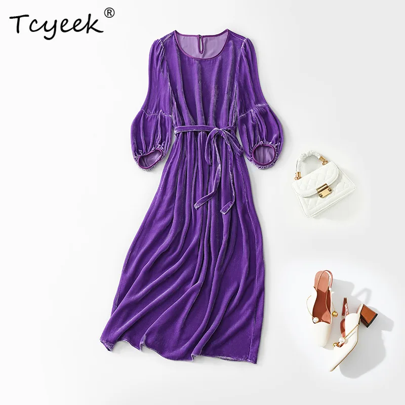 

Birdtree Lining 100%Mulberry Silk Velvet Dresses Solid Color Folds V-Neck Elegant Basics Chic Dress Autumn Winter New D38627QM