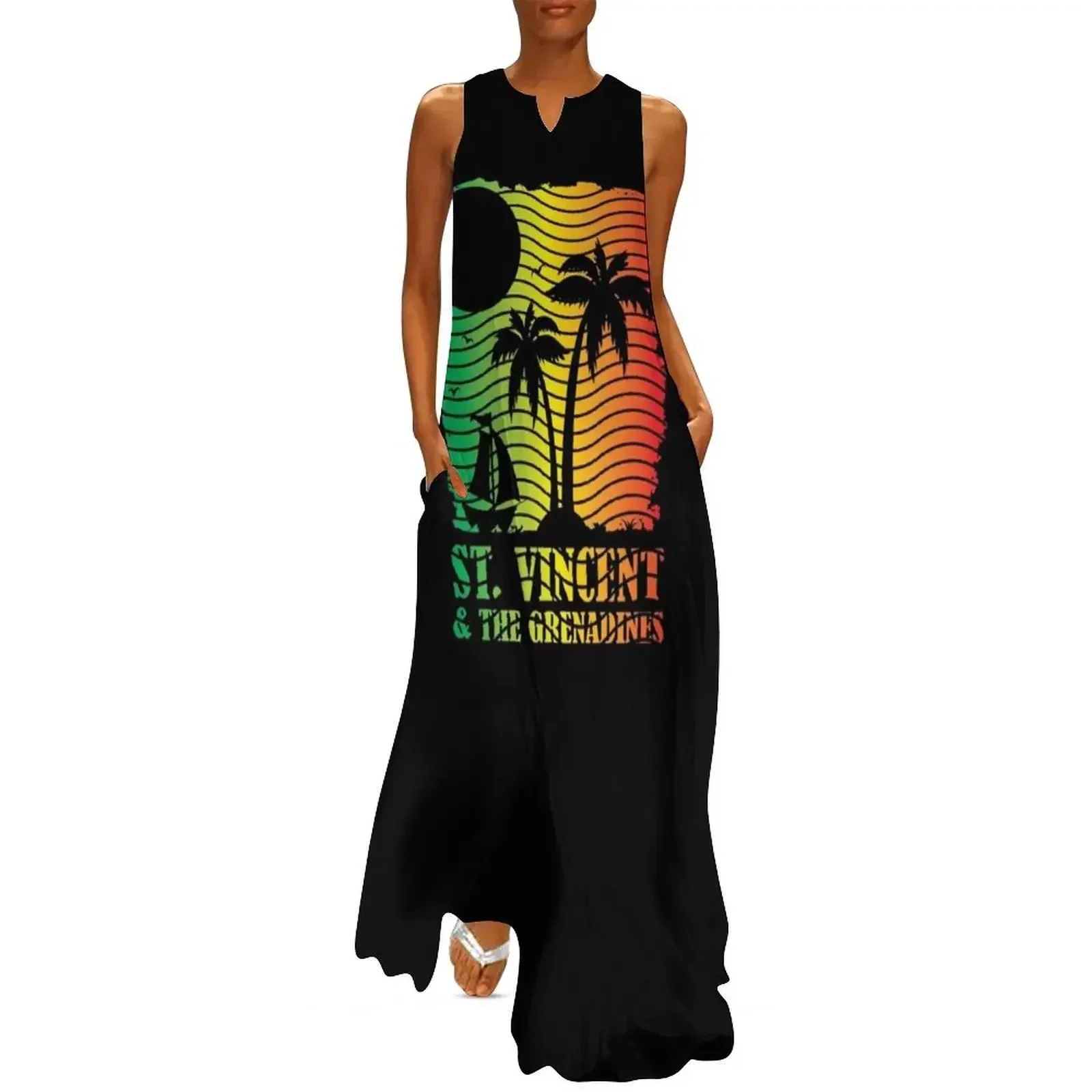 

St Vincent and the Grenadines Island Scene - Ites Gold and Green Long Dress evening dress luxury dress