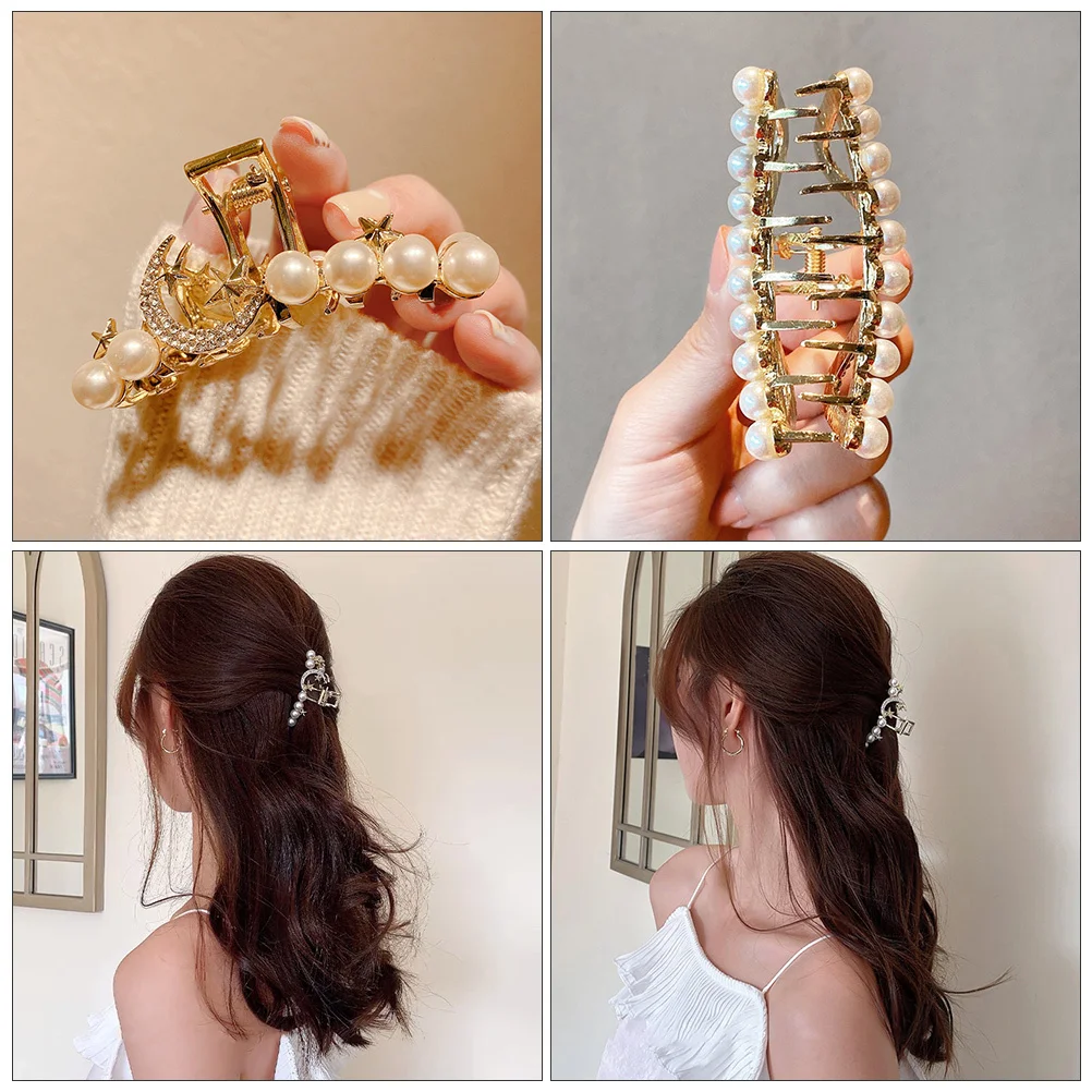

2pcs Pearl Clips Geometric Design Hair Claw Clamp For Women Bathing Face Washing Daily Use Stylish Hair Headdress Accessories