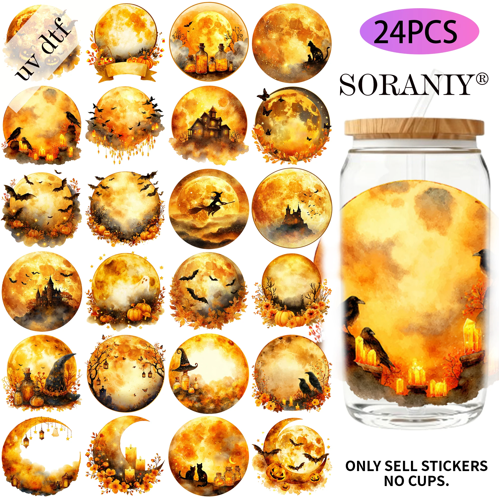 

24PCS/Set Watercolor Halloween Moon Themed UV DTF 16OZ DIY Transfer Sticker For 16OZ Water Bottles Glass