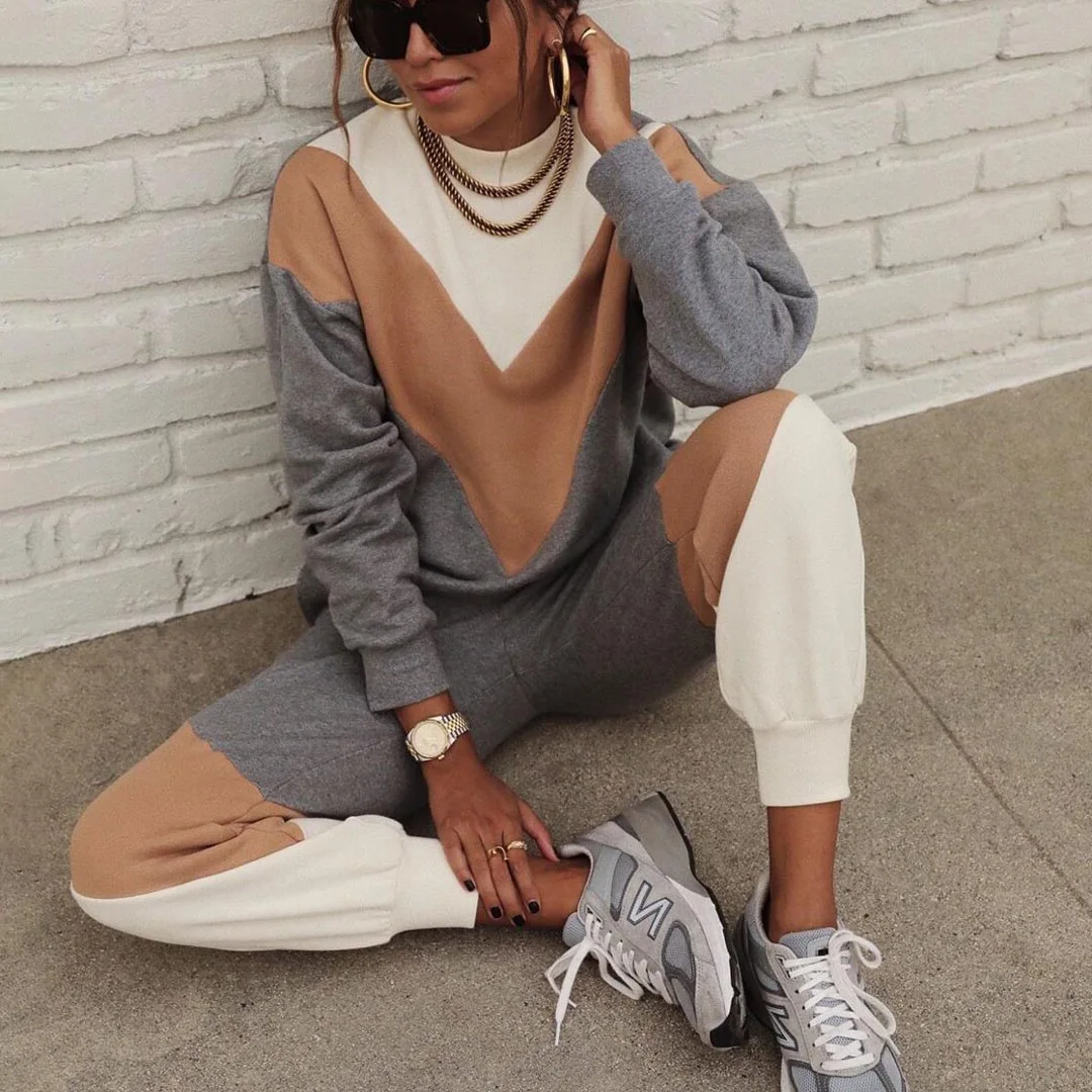 Casual Women Winter Autumn Sport Suits Tracksuits Splicing Femme Two Piece Sets Sweatshirt Top Loose Long Pants Jogging Suits