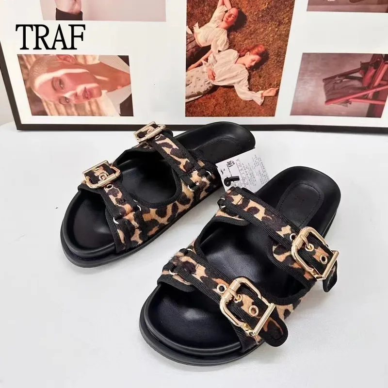 TRAF 2024 Summer Leopard Print Flat Sandals Women's Sexy Sandals Buckle Open Toe Shoes For Women Casual Outwear Slippers Shoes