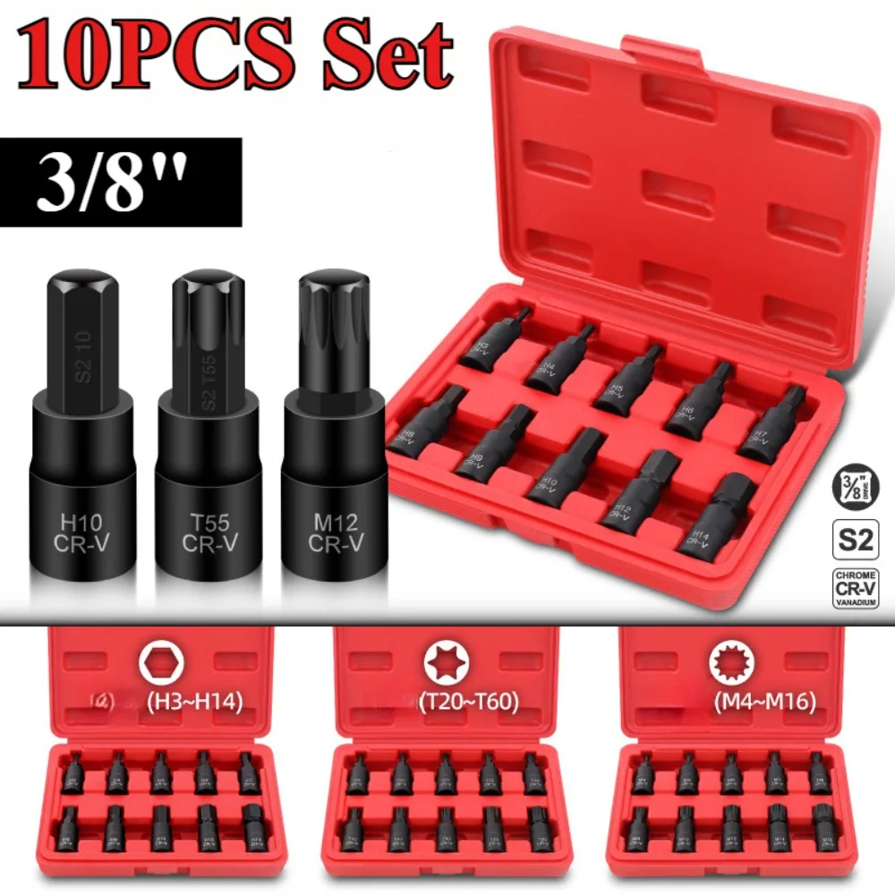 3/8 Inch Alloy Steel Hex Socket Set H3-14/T20-60/M4-16 Professional Plum/Hex/Spline Automotive Repair Tool Kit