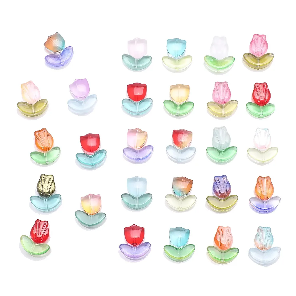 20 Stück mehrfarbige Lampwork-Glas-Flora-Perlen, Tulpenblütenblatt, lose Perlen für DIY-Armbänder und Schmuckherstellung, Zubehör