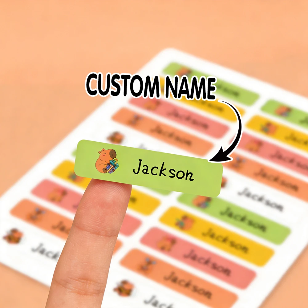 Etiquetas adhesivas de nombre impermeables de capibara Kawaii, calcomanías de papelería adhesivas personalizadas, etiqueta de nombre personalizada para la escuela de niños