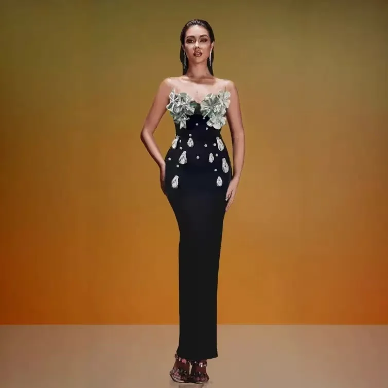 

High-Quality Summer New Women's Sexy Black Strapless Long Wrap Dress with 3D Flower Design Sleeveless Elegant Backless Evening G