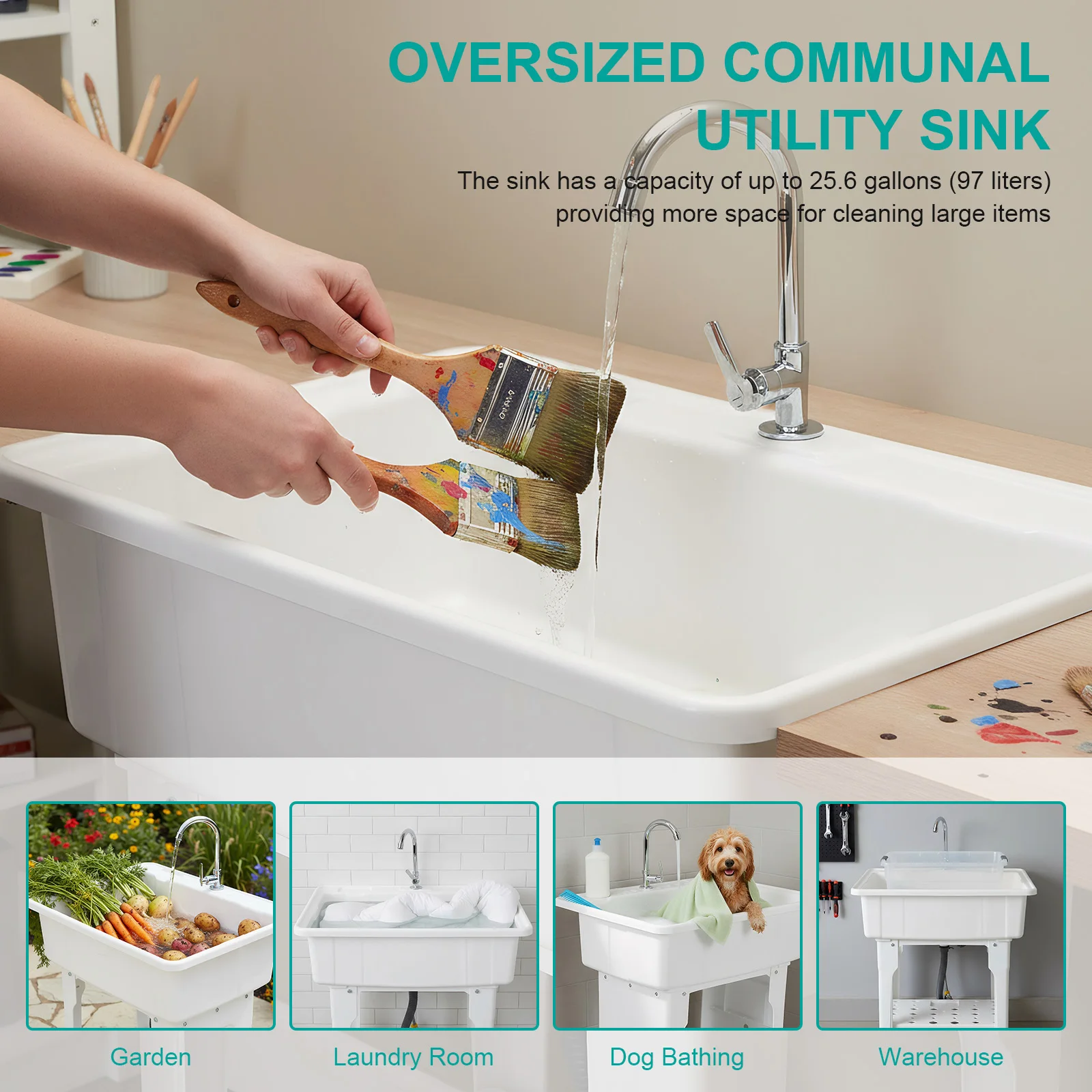 

Freestanding Utility Sink W/ Washboard & Faucet Plastic Wash Basin Detachable Balcony Laundry Pool Indoor & Outdoor Use