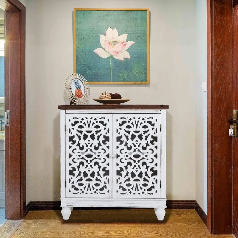 Sideboard and Buffet with Storage, 1/2/3-Door Hollow-Carved Accent Cabinet, Distressed Wood Storage Cabinet Cupboard