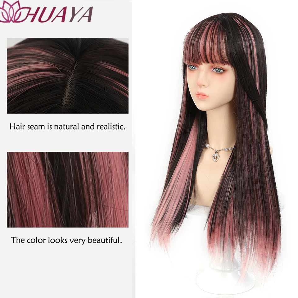 Lolita Wig Female Long Hair Black Highlights Pink With Bangs Straight Hair Party Everyday Wear.